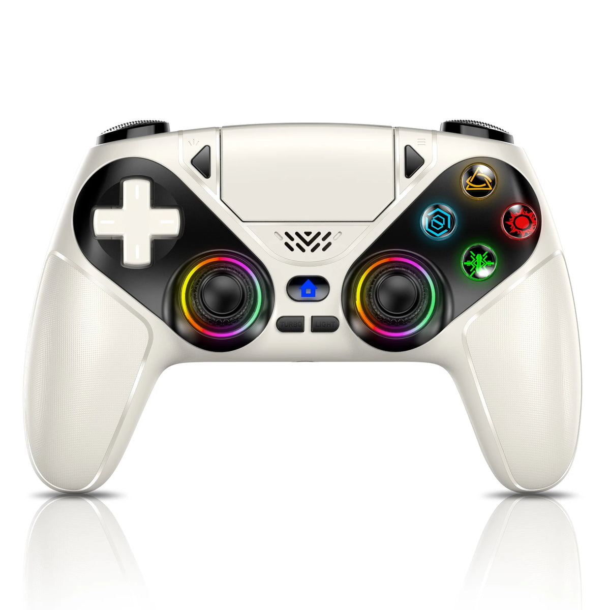 A white RGB wireless gaming controller for PS5 and PC shown from the top view.
