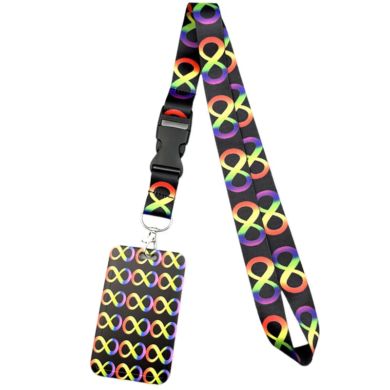 Schwarzes Lanyard mit mehrfarbigem Unendlichkeitssymbolmuster an einem Schlüsselring.