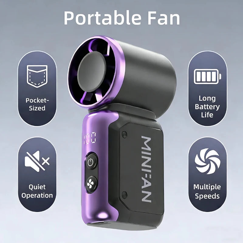 A portable mini fan with a purple and black design featuring a cylindrical fan head and battery icon details.