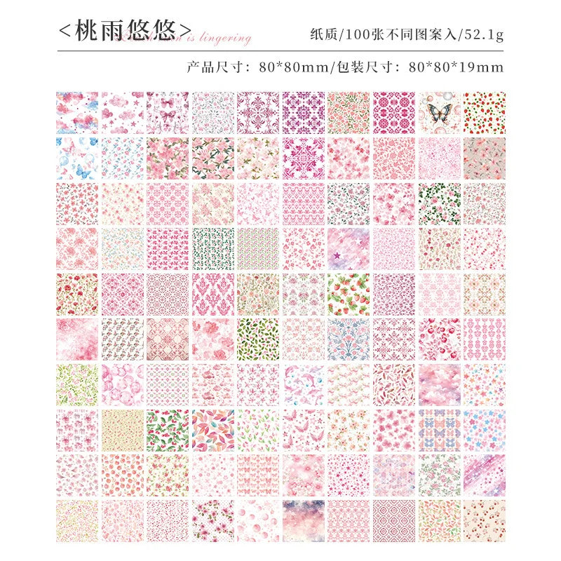 A grid of vintage floral square scrapbook paper sheets in various shades of pink, green, and cream.