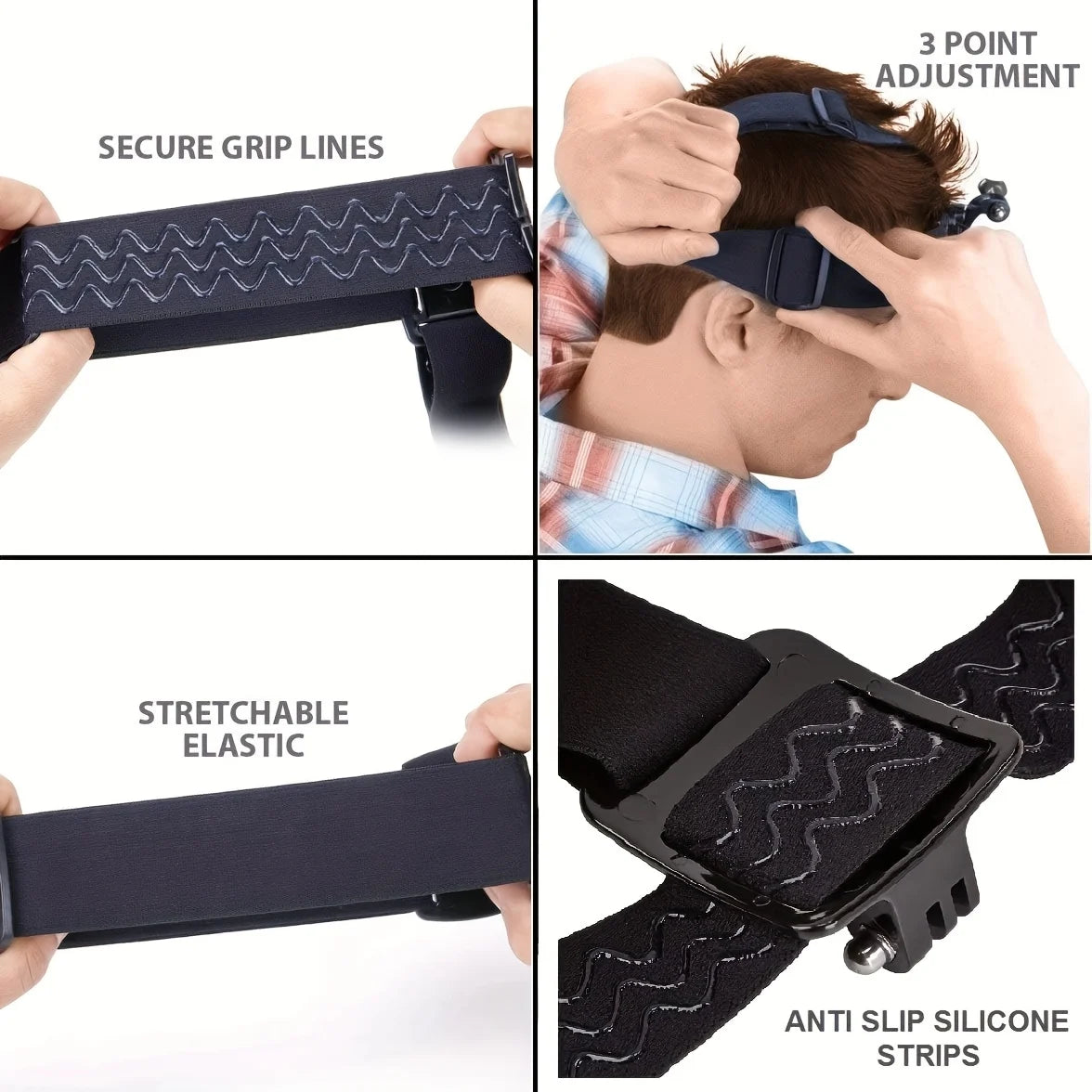 Black adjustable mount with secure grip lines, stretchable elastic, and anti-slip silicone strips for cameras.