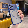 A hand holds a blue frosted magnetic silicone case for an iPhone displaying a circular design.
