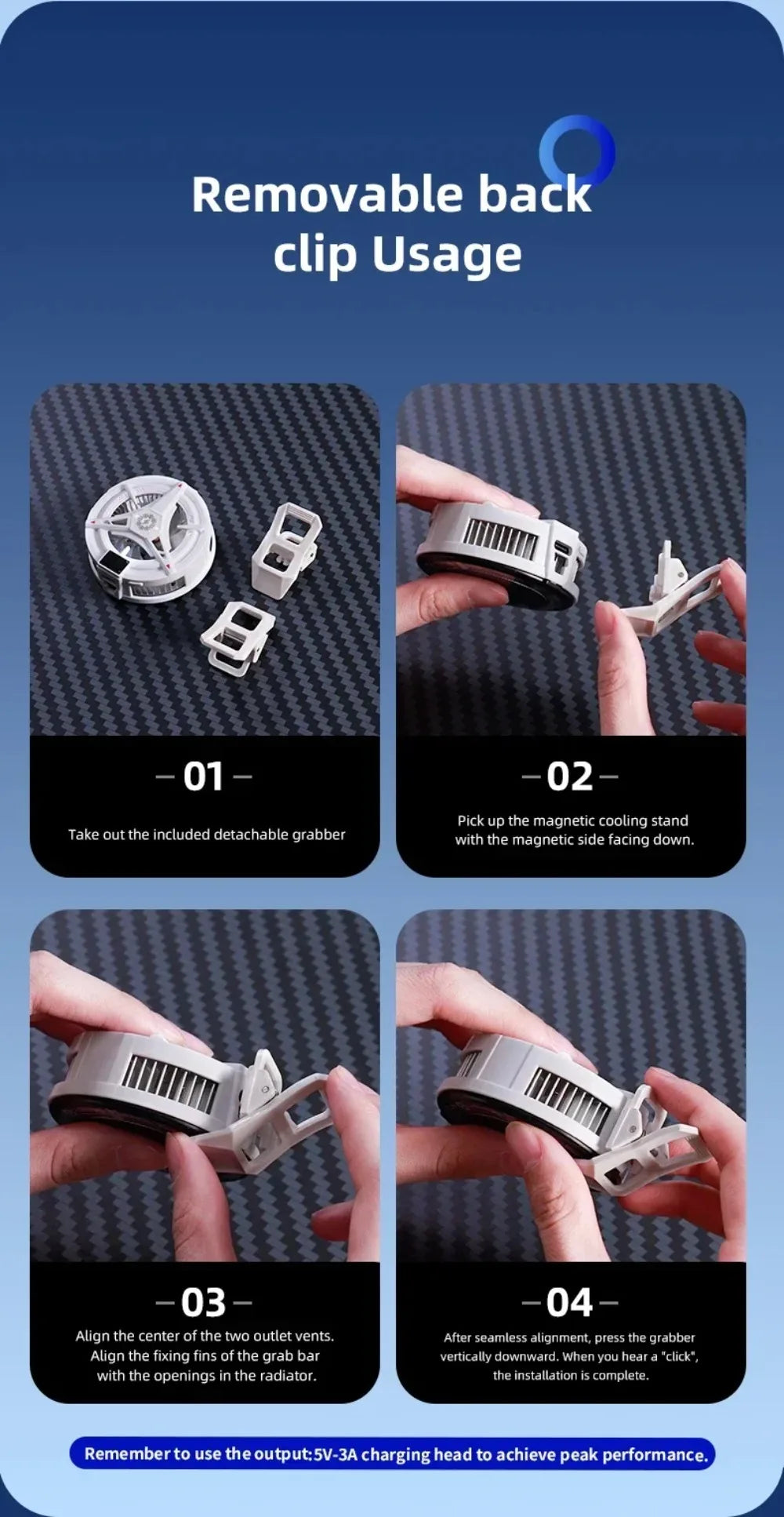 Demonstration of removable back clip usage for a magnetic phone cooler device.