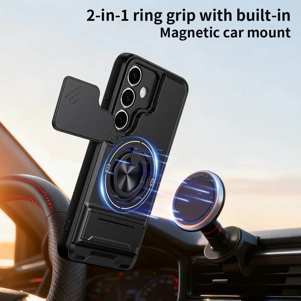 A black phone case with a camera cover and built-in magnetic car mount is shown in a car interior setting.