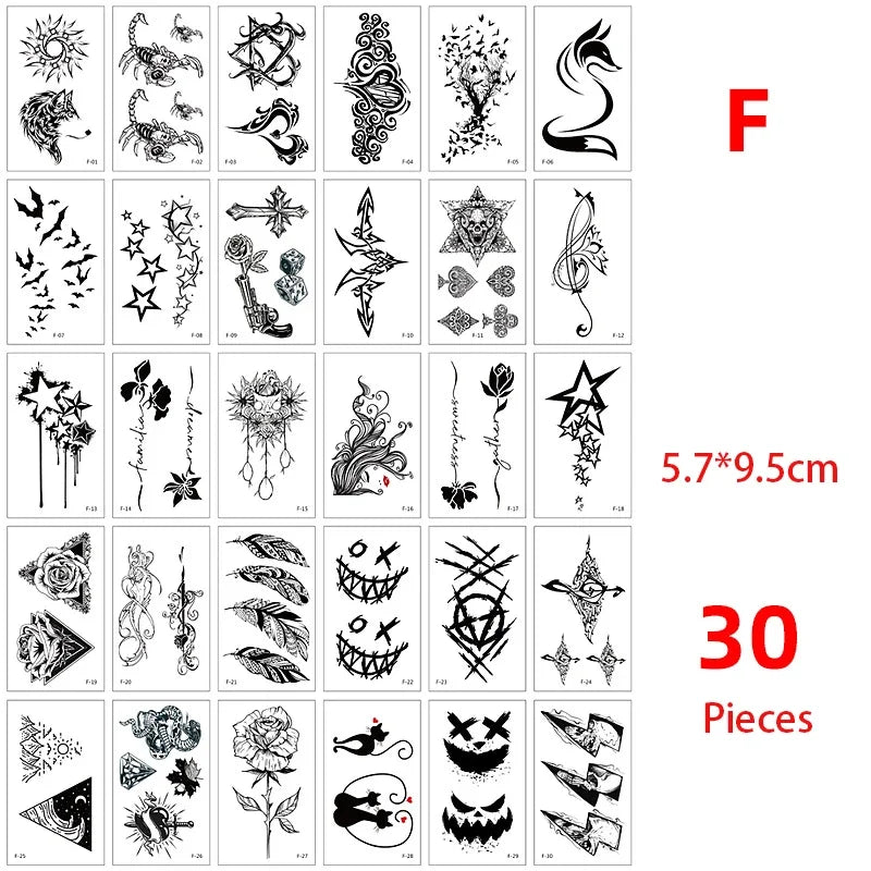 Colección de 30 pegatinas temporales multi-diseño con patrones intrincados y variados.