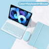 A light blue universal keyboard case for an iPad is shown with a keyboard and mouse.