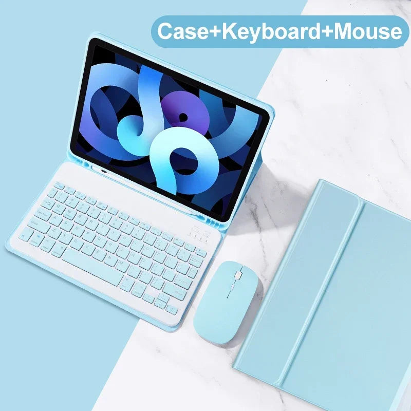 A light blue universal keyboard case for an iPad is shown with a keyboard and mouse.