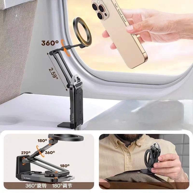 Soporte magnético para teléfono mostrado en varios ángulos, incluyendo giro de 360 grados y ajuste de 180 grados, para sujeta