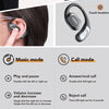 A set of silver open-ear wireless sports earbuds shown with various functions like music, calls, and voice assistant.