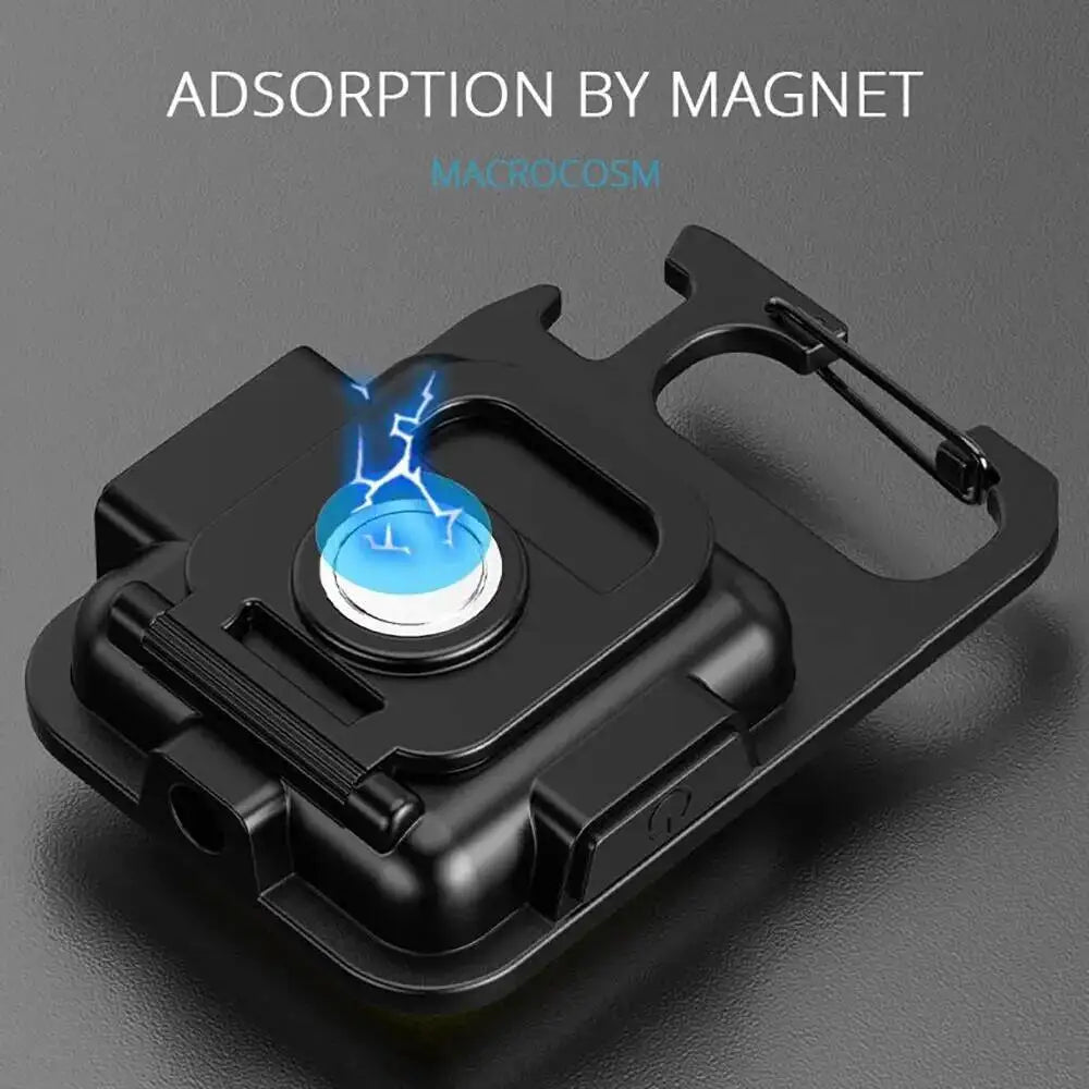 Black compact COB keychain flashlight with a magnetic base and rechargeable battery