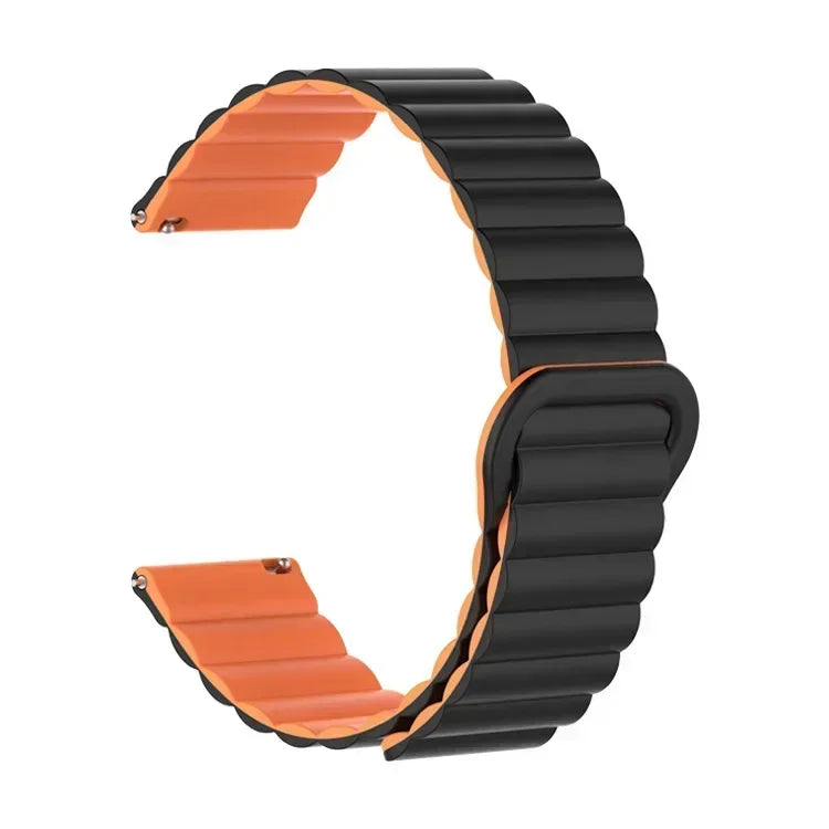 Orange and black adjustable magnetic loop watch bands shown in a curved shape.