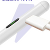 A white stylus pen is shown, featuring a black tip with green illumination, positioned for use with a tablet or smartphone.