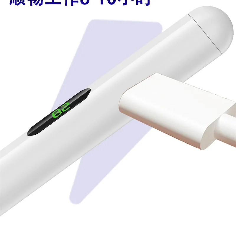 A white stylus pen is shown, featuring a black tip with green illumination, positioned for use with a tablet or smartphone.