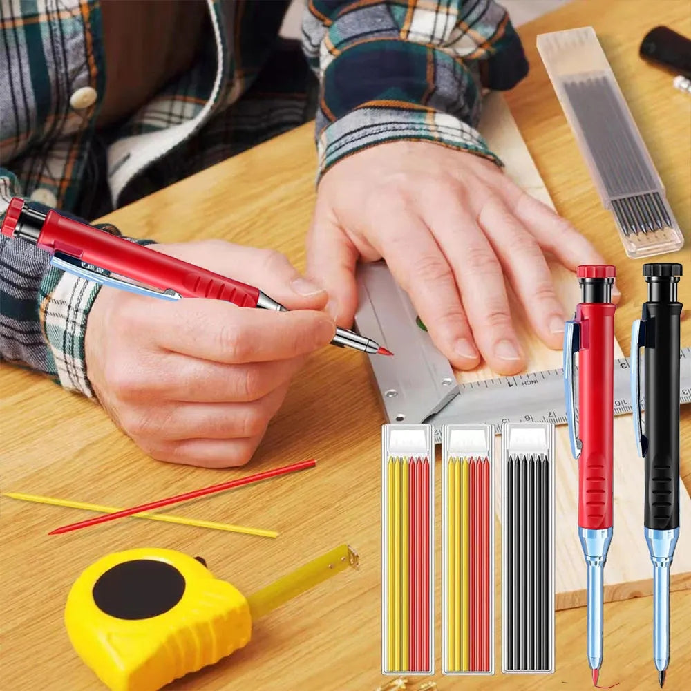 A set of two red mechanical pencils with sharpeners and a yellow measuring tool are shown on a wooden surface.