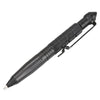 A black tactical aluminum pen with a textured grip and a metal clip.