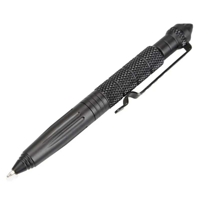 A black tactical aluminum pen with a textured grip and a metal clip.