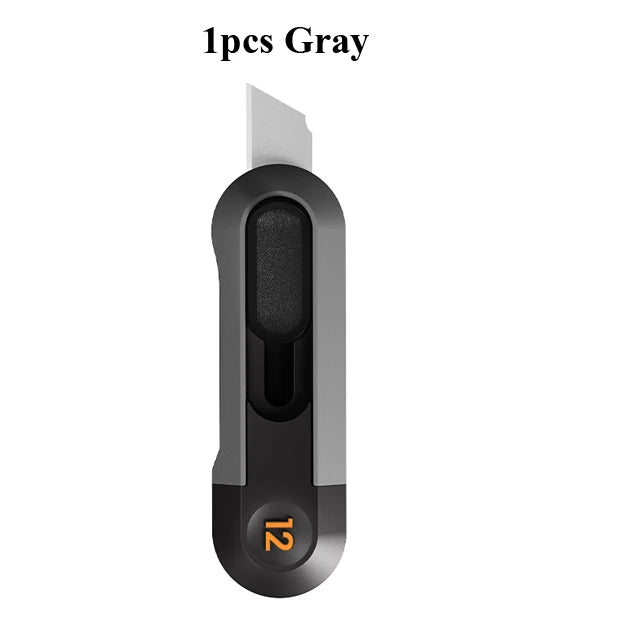 A gray Deli Mini Pocket Knife with a black handle and a numbered marking of 12.