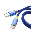 A blue braided USB-C fast charging cable with a connector and a plug is shown against a black background.