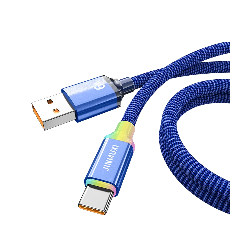 A blue braided USB-C fast charging cable with a connector and a plug is shown against a black background.