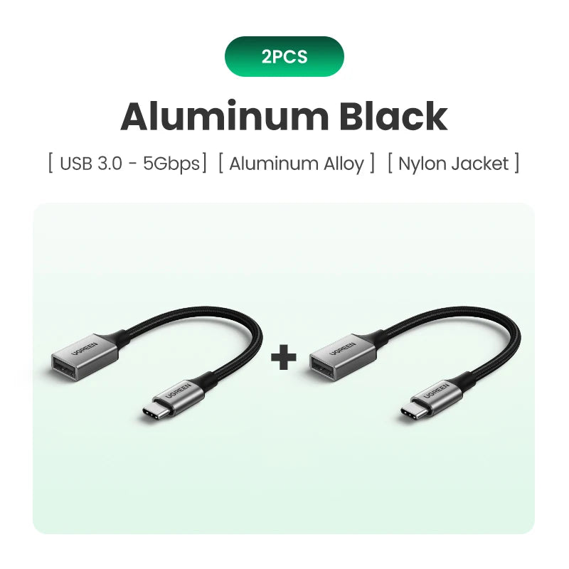Two aluminum black USB adapter cables for a USB-C to USB 3.0 OTG device