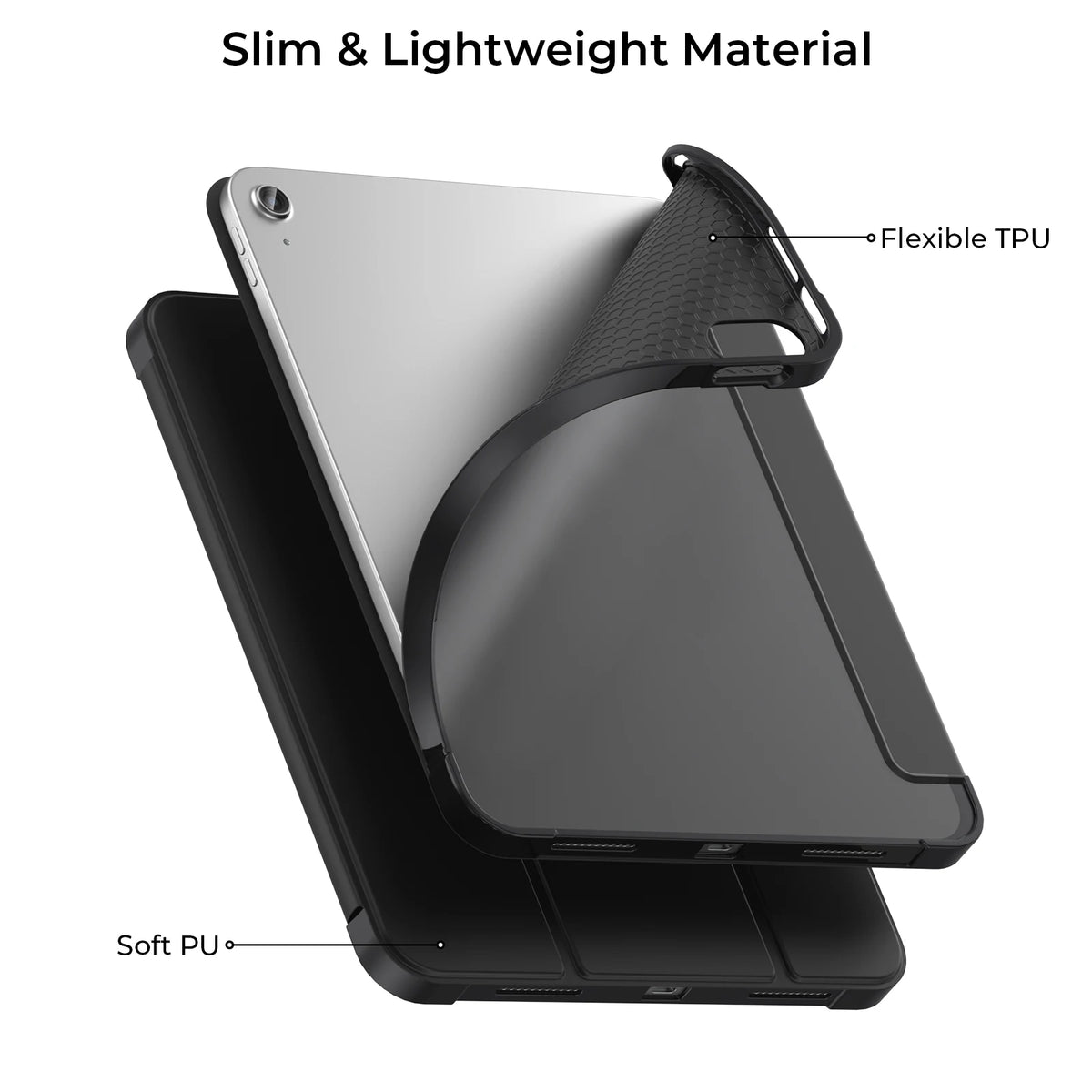 A slim and lightweight protective case for an iPad featuring a flexible TPU cover and a soft PU bottom.