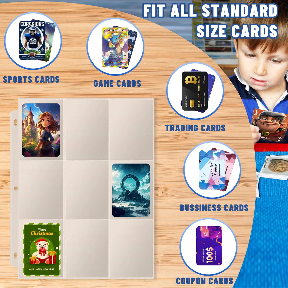 A collection of various cards including sports, game, trading, business, and coupon cards displayed in a binder sleeve.