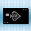 A black card featuring a stylized symbol resembling a diamond or triangle with intricate patterns.
