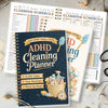 A spiral-bound ADHD Cleaning Planner with weekly and monthly schedules and task lists is shown on a light gray surface.