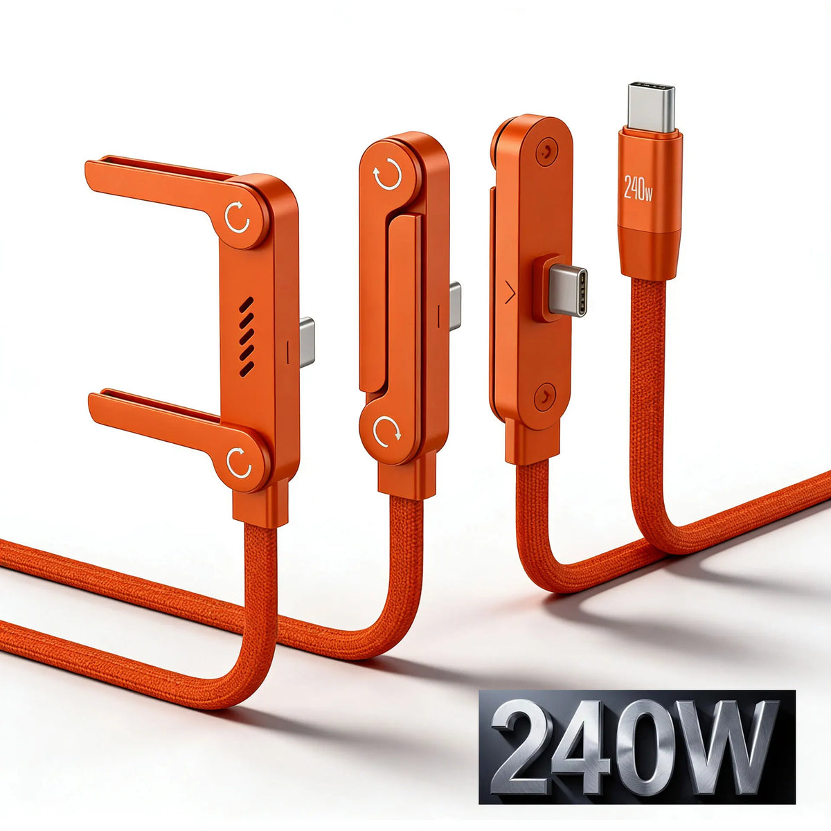 Orange foldable charging cable with integrated stand and USB-C connector.