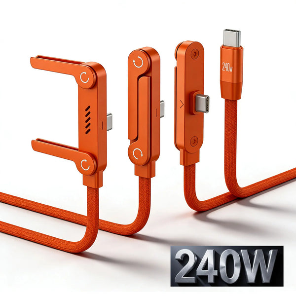 Câble de charge orange pliable avec support intégré et connecteur USB-C.