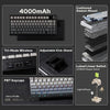 A display showing various components of the Aula F75 MAX mechanical keyboard including keycaps, switches, and mounting option