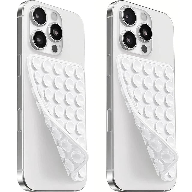 A white silicone suction cup phone mount with a double-sided grip shown in two views.