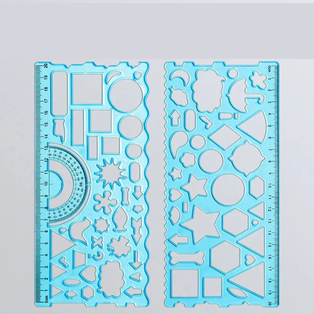 A set of clear blue plastic geometric drawing templates and rulers for educational use.