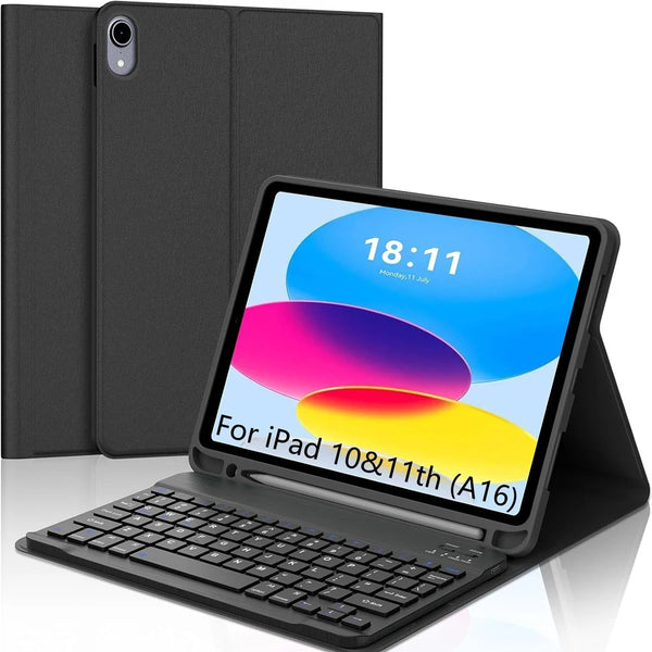 A black detachable keyboard case for an iPad showing a screen display.