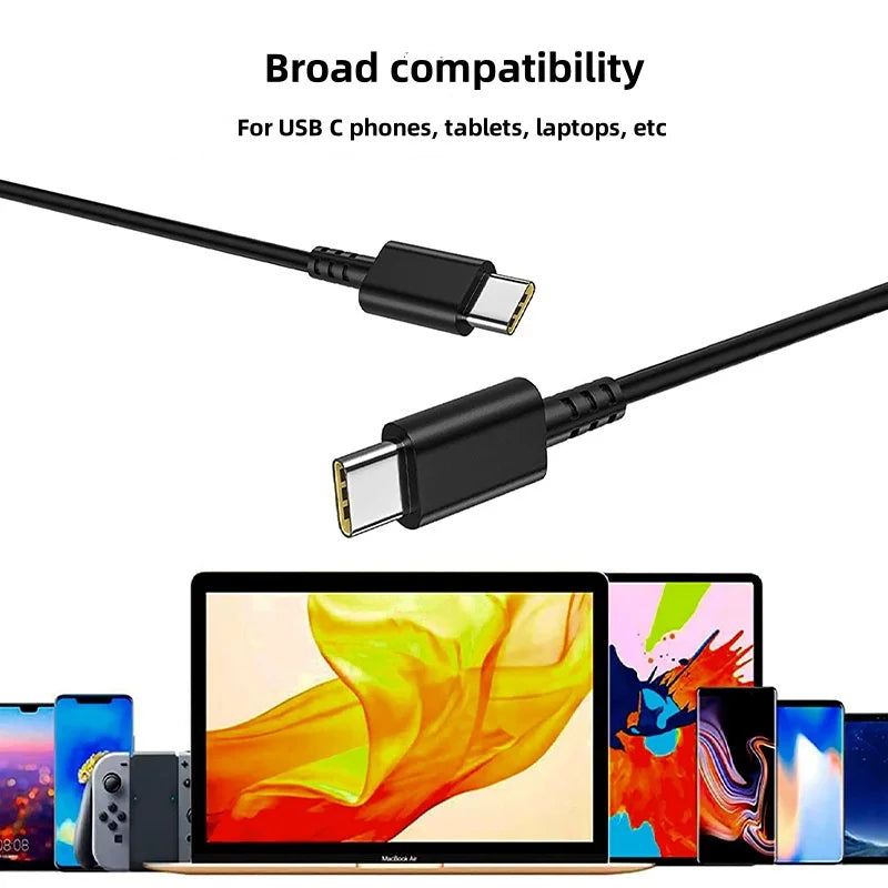 A black USB-C cable connector is shown next to a laptop, demonstrating broad compatibility for charging.