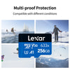 A graphic showing Lexar memory cards with various storage capacities and compatibility across different conditions.