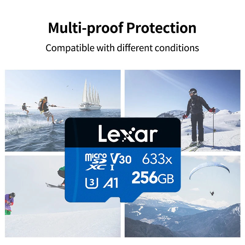 A graphic showing Lexar memory cards with various storage capacities and compatibility across different conditions.