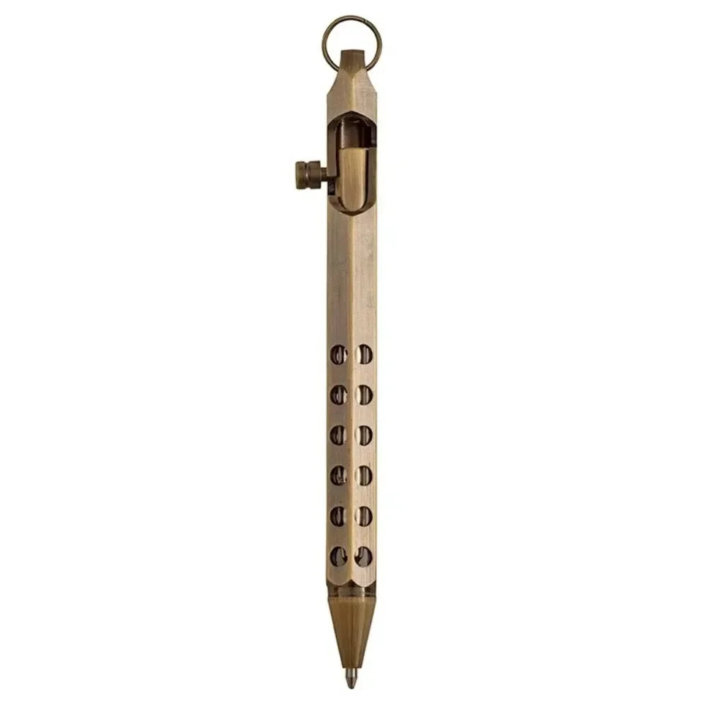A brass bolt-action ballpoint pen with a smooth writing design.