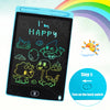 A digital writing tablet screen displaying the text I'm HAPPY and various colorful dinosaur and creature drawings.