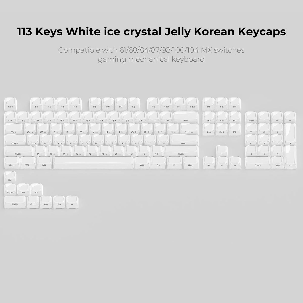 A set of 113 white ice crystal jelly Korean mechanical keyboard keycaps for gaming keyboards.