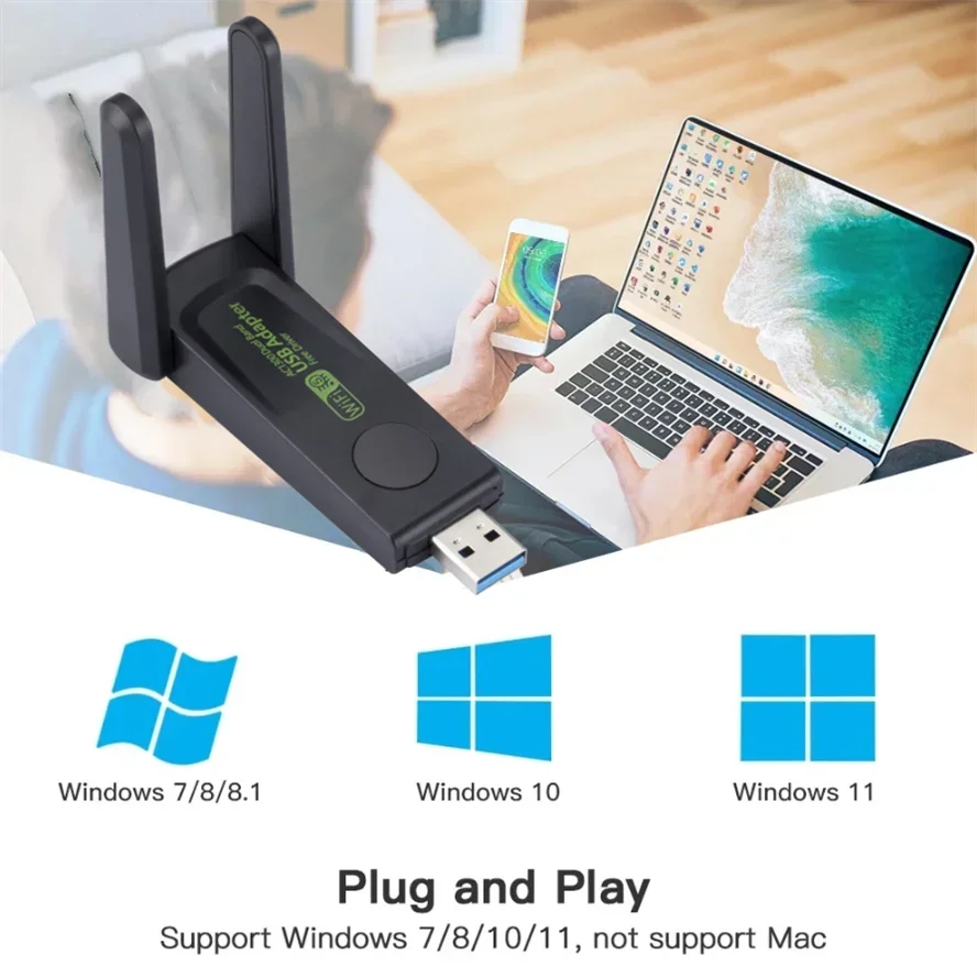 محول واي فاي USB مزدوج النطاق أسود موصول بجهاز كمبيوتر محمول، مع أيقونات لنظم تشغيل ويندوز المختلفة