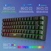 A close-up view of a black mechanical keyboard with multiple RGB lighting modes and a mouse combo, showing various switch fun
