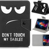 Black leather folio case with a face design and text saying Don't Touch My Tablet, shown in various angles.