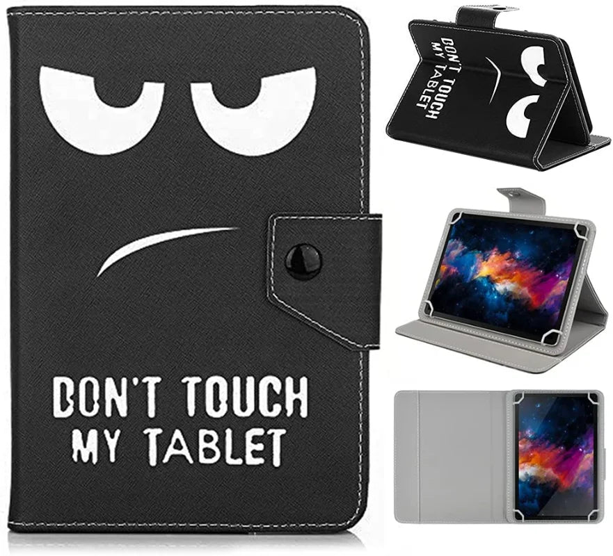 Black leather folio case with a face design and text saying Don't Touch My Tablet, shown in various angles.
