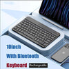 A portable Bluetooth keyboard and mouse combo is shown in a light blue case with a smartphone.