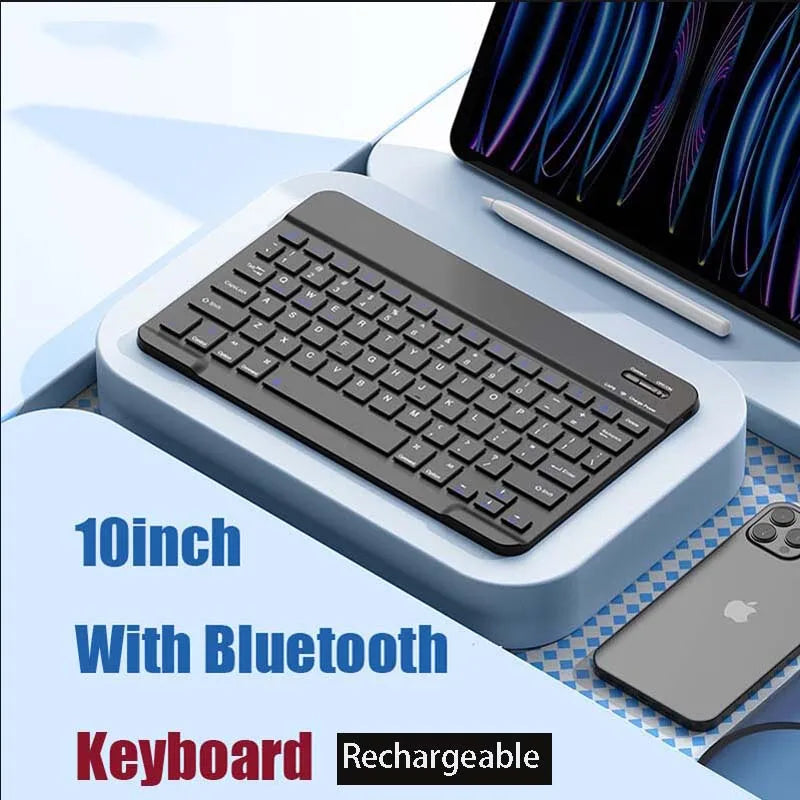 A portable Bluetooth keyboard and mouse combo is shown in a light blue case with a smartphone.