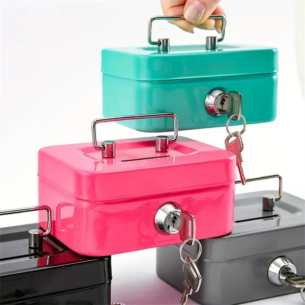A pink steel cash box with a key lock and removable tray is shown being handled.