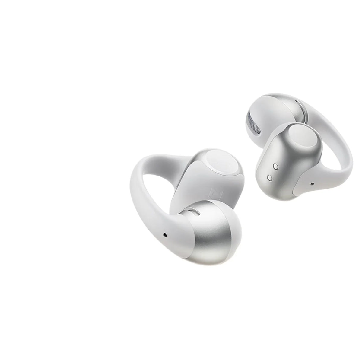 Silver SHOKZ Bluetooth headphones and charging case shown from above.