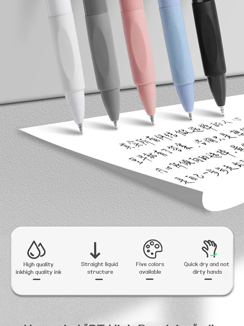 A pack of five smooth writing gel pens in various colors, including black, demonstrating liquid ink quality.
