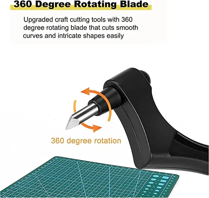 A black 360 degree rotating blade craft cutting tool is shown rotating on a green cutting mat.